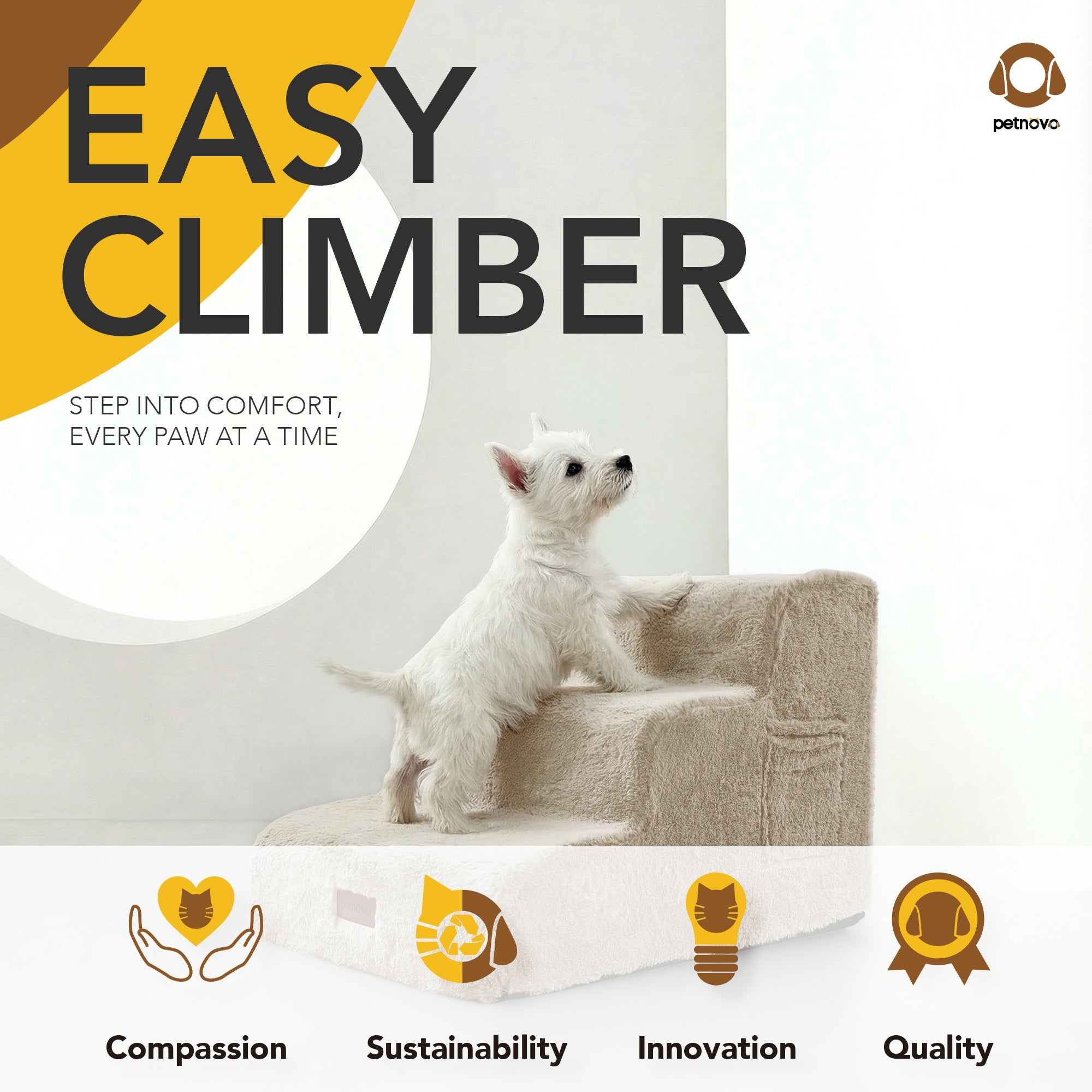 Faux Fur Dog Stairs for Couch & Bed — Designer Pet Steps for Small & Senior Dogs and Cats, Non-Slip, Washable Cover