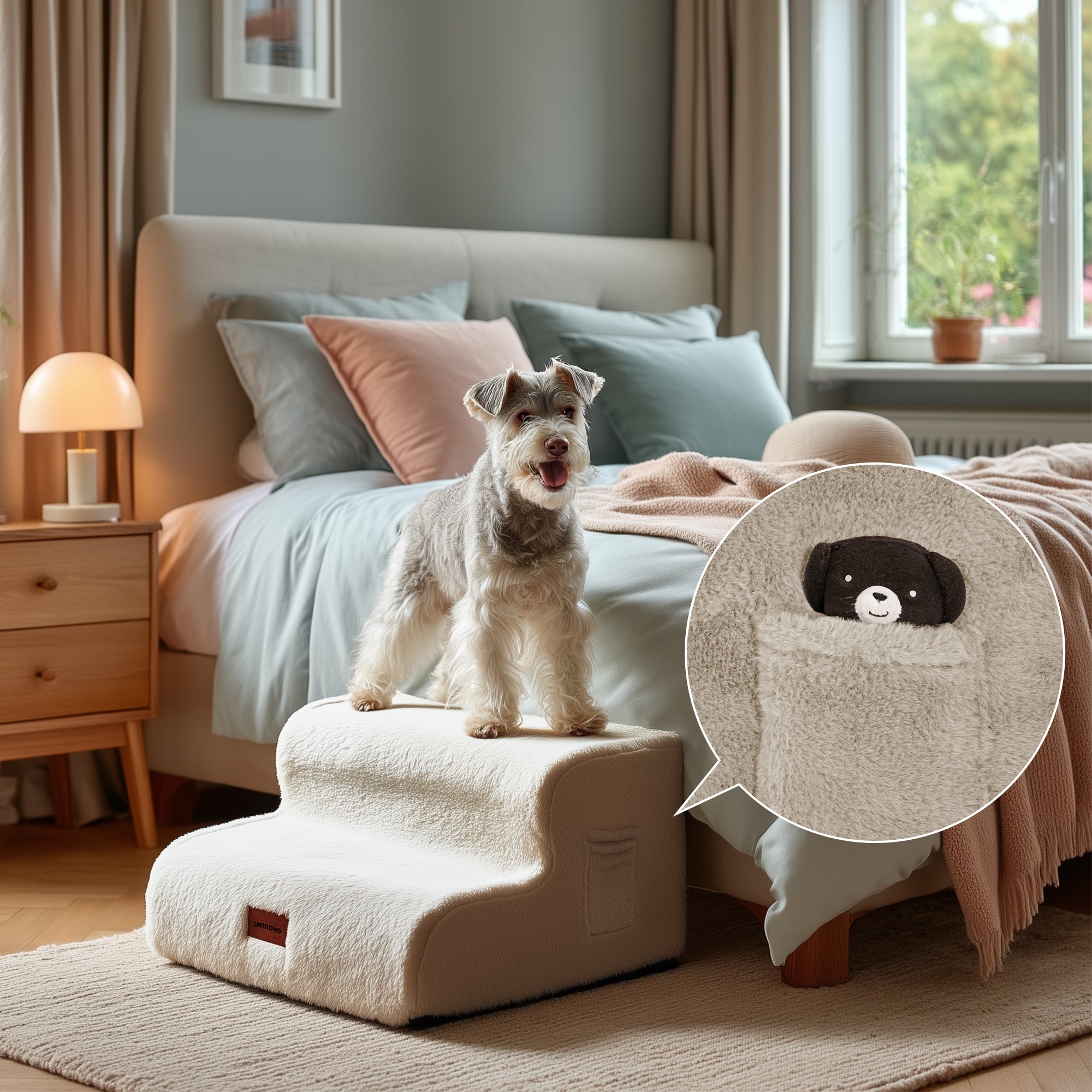 Faux Fur Dog Stairs for Couch & Bed — Designer Pet Steps for Small & Senior Dogs and Cats, Non-Slip, Washable Cover