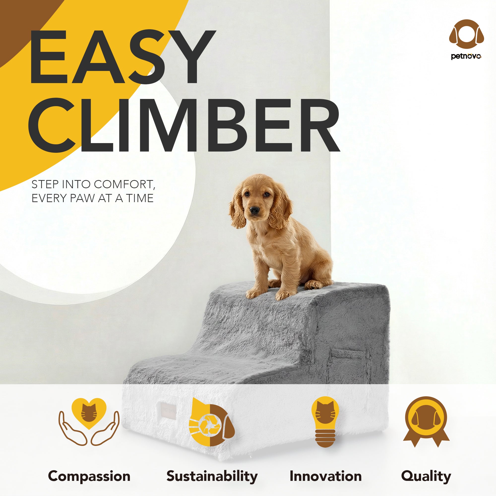 Faux Fur Dog Stairs for Couch & Bed — Designer Pet Steps for Small & Senior Dogs and Cats, Non-Slip, Washable Cover