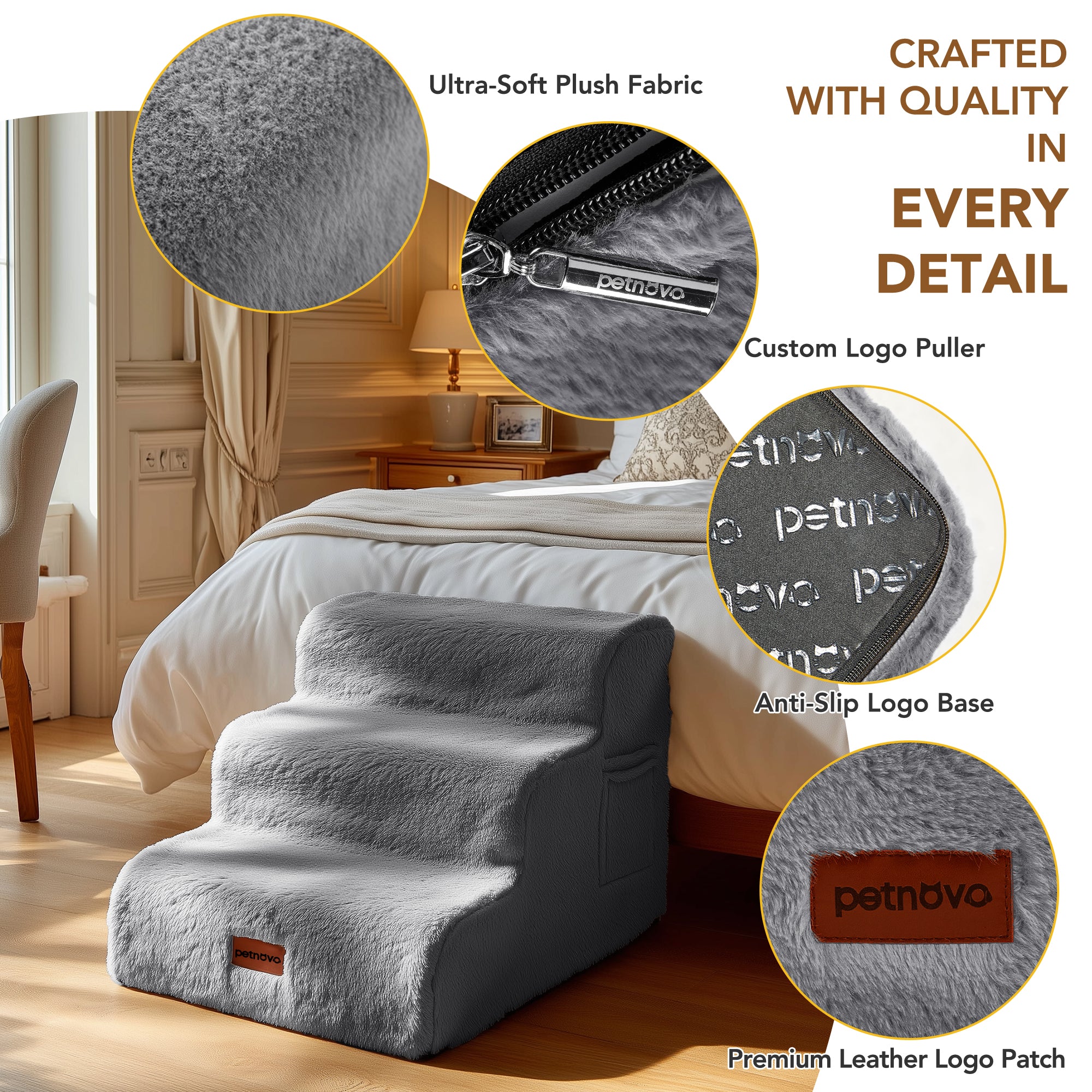 Faux Fur Dog Stairs for Couch & Bed — Designer Pet Steps for Small & Senior Dogs and Cats, Non-Slip, Washable Cover