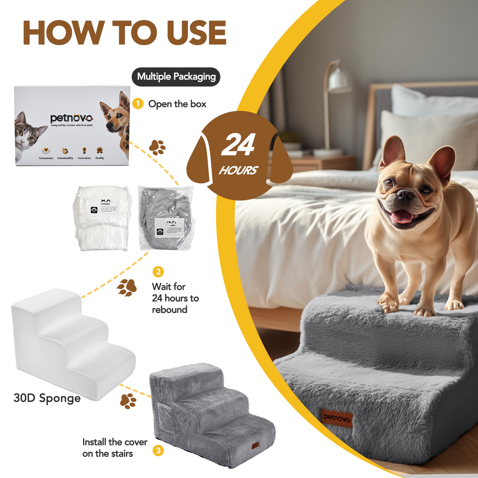 Faux Fur Dog Stairs for Couch & Bed — Designer Pet Steps for Small & Senior Dogs and Cats, Non-Slip, Washable Cover