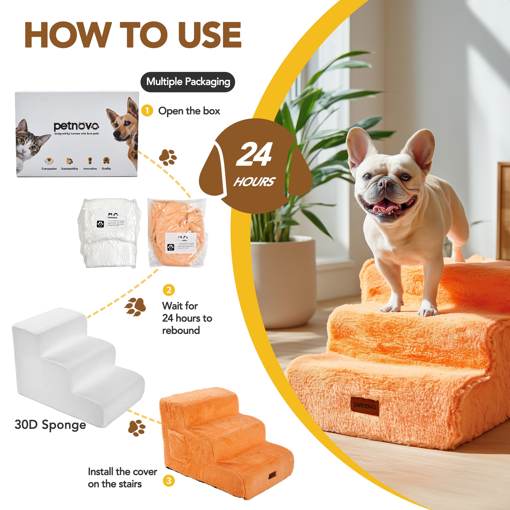 Faux Fur Dog Stairs for Couch & Bed — Designer Pet Steps for Small & Senior Dogs and Cats, Non-Slip, Washable Cover