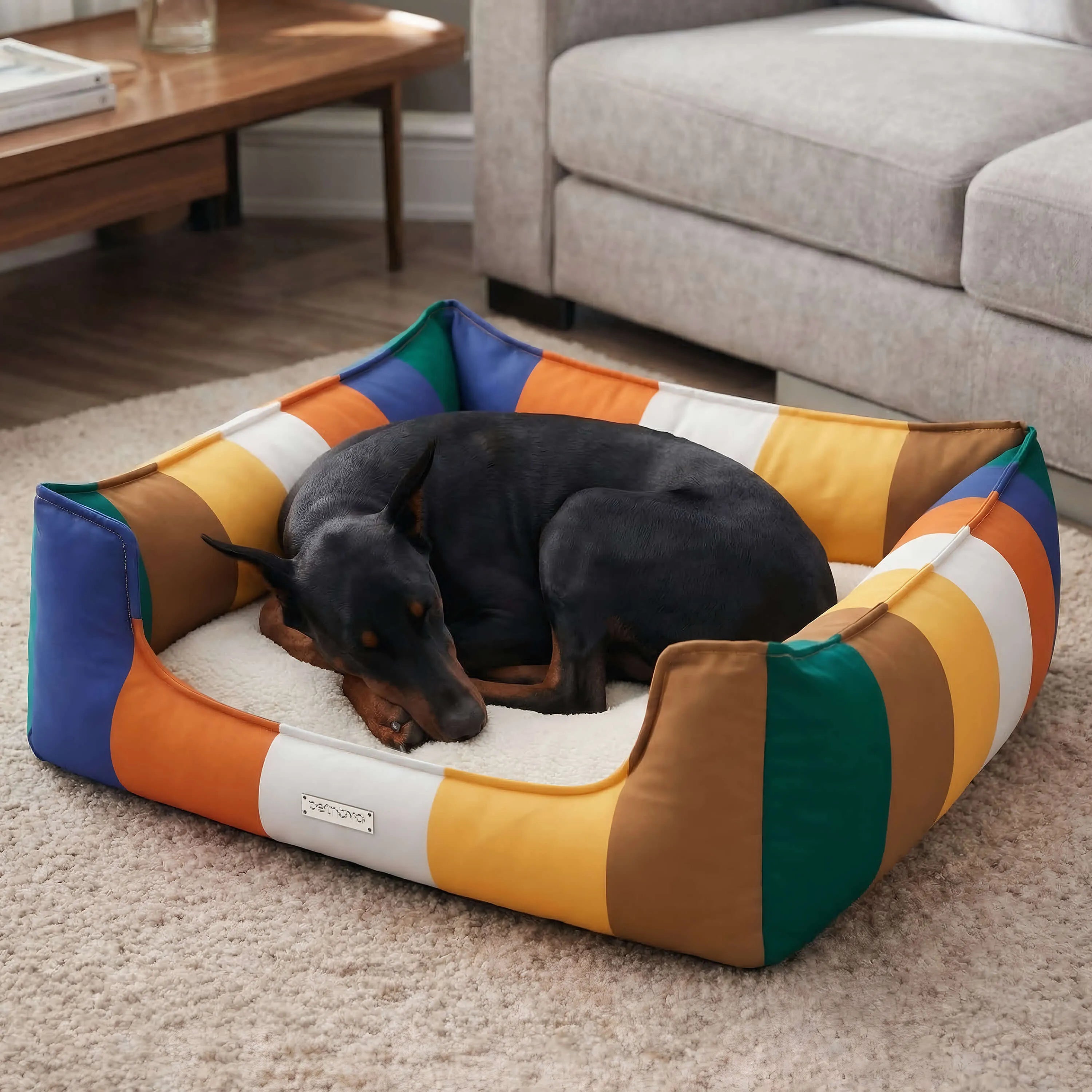 Rainbow Bolster Dog Bed for Medium Dogs — Reversible Cushion, Breathable, Removable Washable Cover