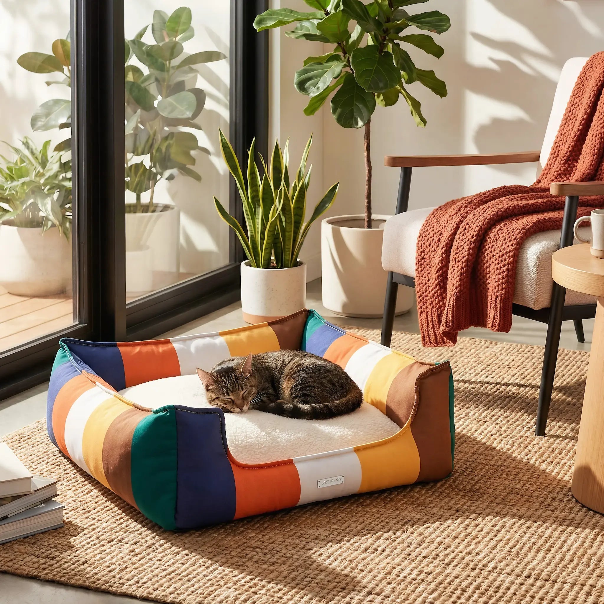 Rainbow Bolster Dog Bed for Medium Dogs — Reversible Cushion, Breathable, Removable Washable Cover
