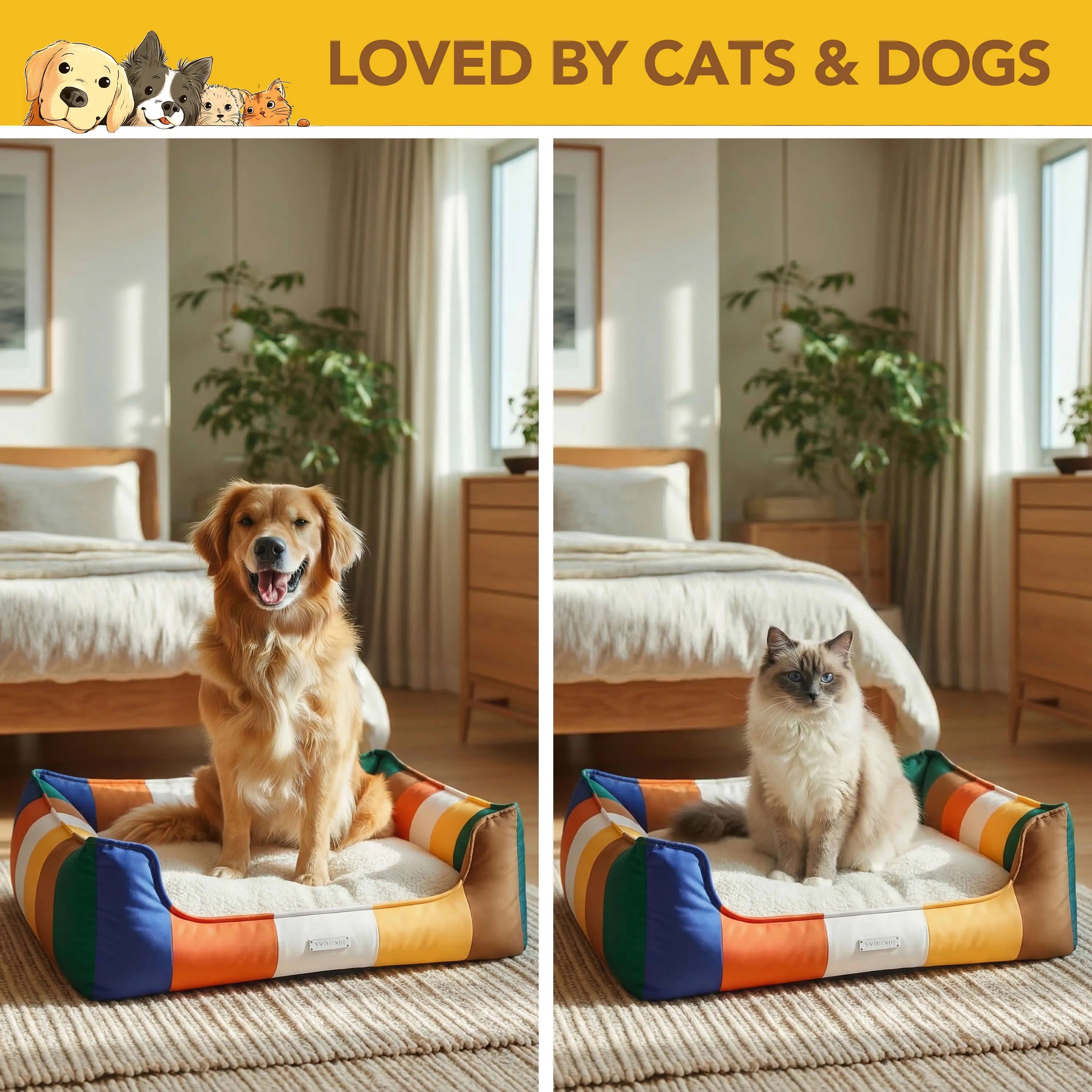 Rainbow Bolster Dog Bed for Medium Dogs — Reversible Cushion, Breathable, Removable Washable Cover
