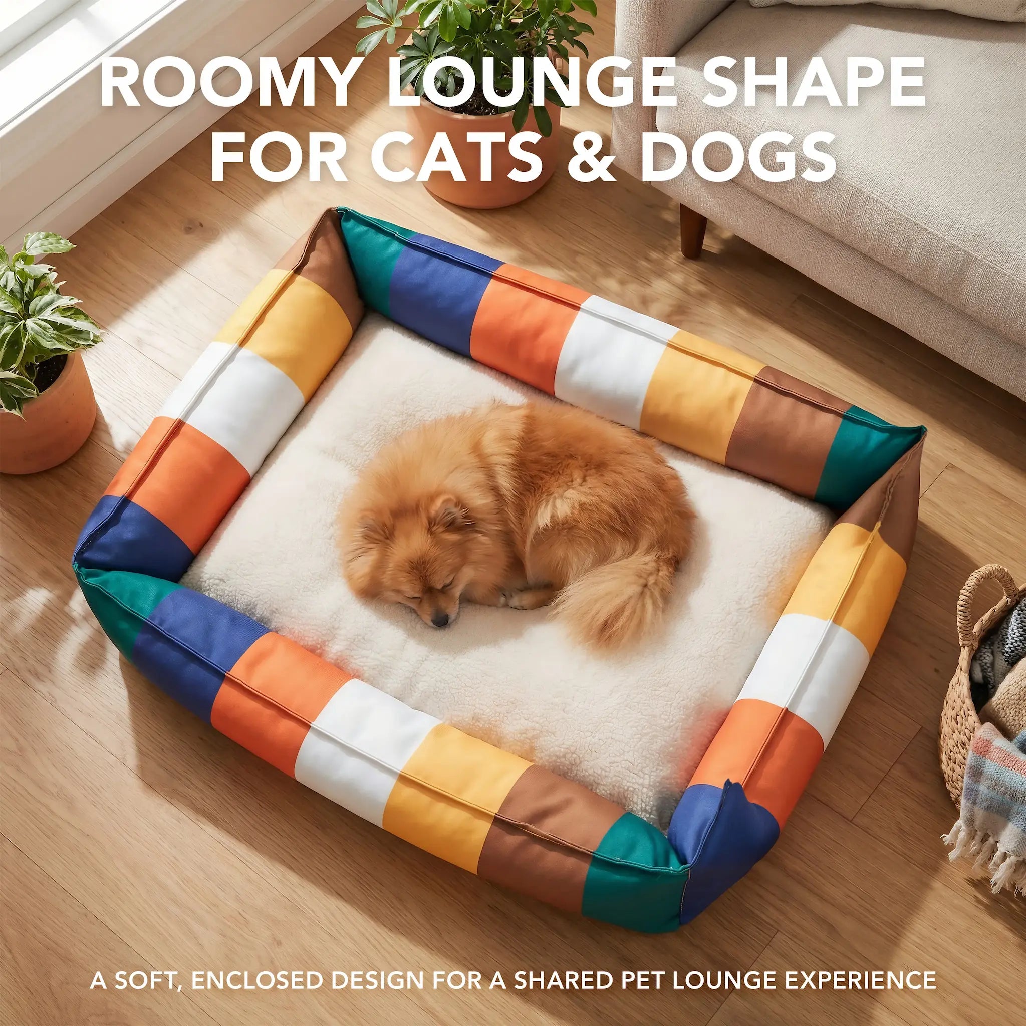 Rainbow Bolster Dog Bed for Medium Dogs — Reversible Cushion, Breathable, Removable Washable Cover