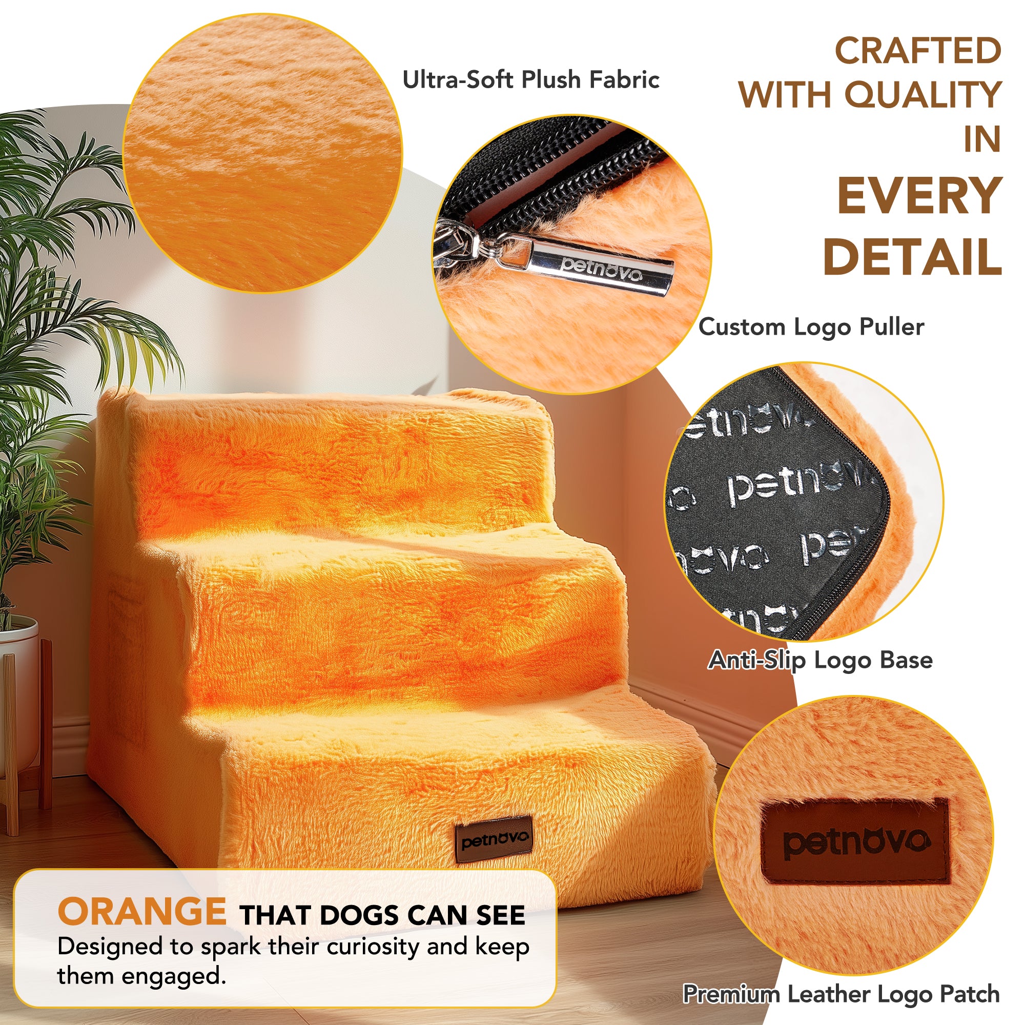 Faux Fur Dog Stairs for Couch & Bed — Designer Pet Steps for Small & Senior Dogs and Cats, Non-Slip, Washable Cover