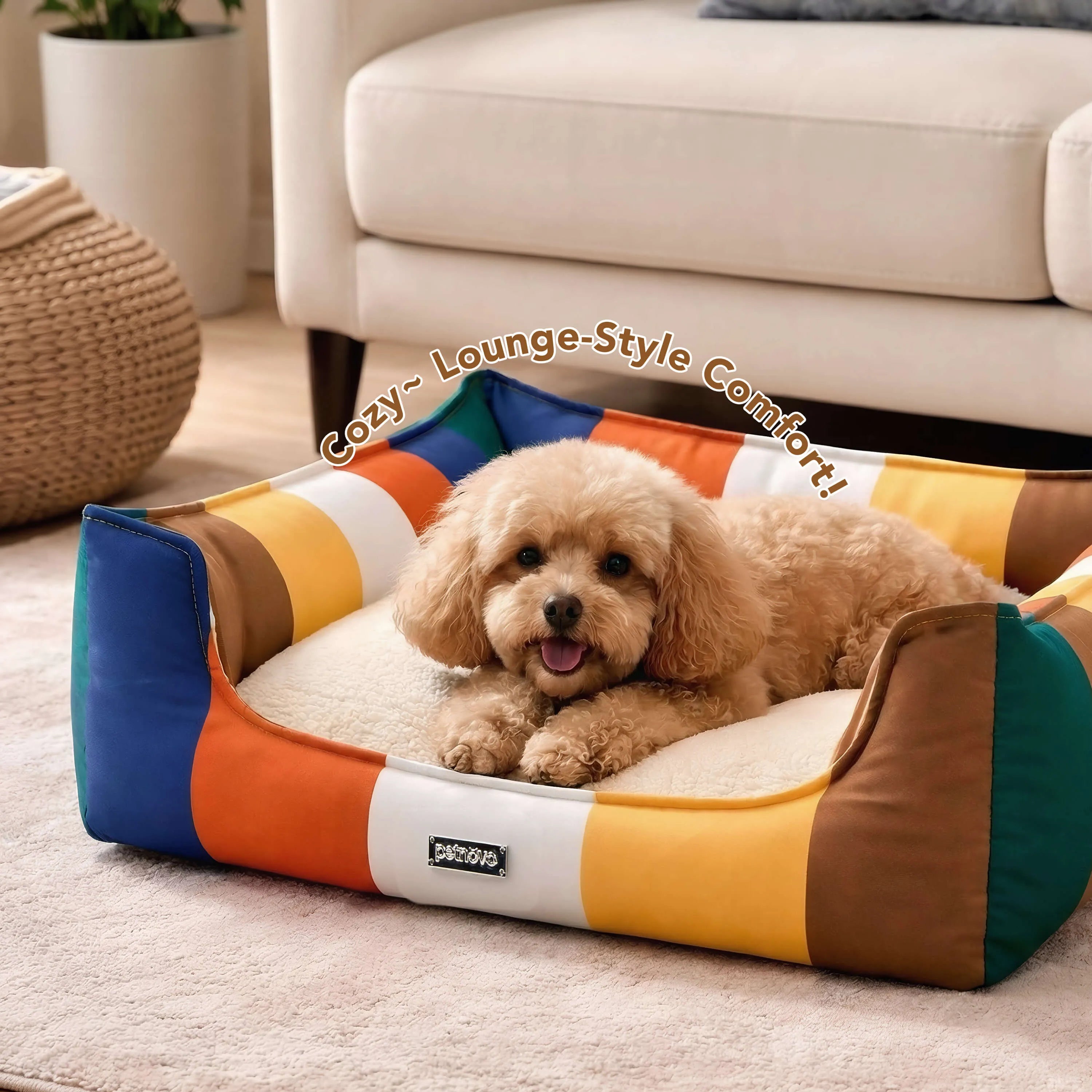 Rainbow Bolster Dog Bed for Medium Dogs — Reversible Cushion, Breathable, Removable Washable Cover