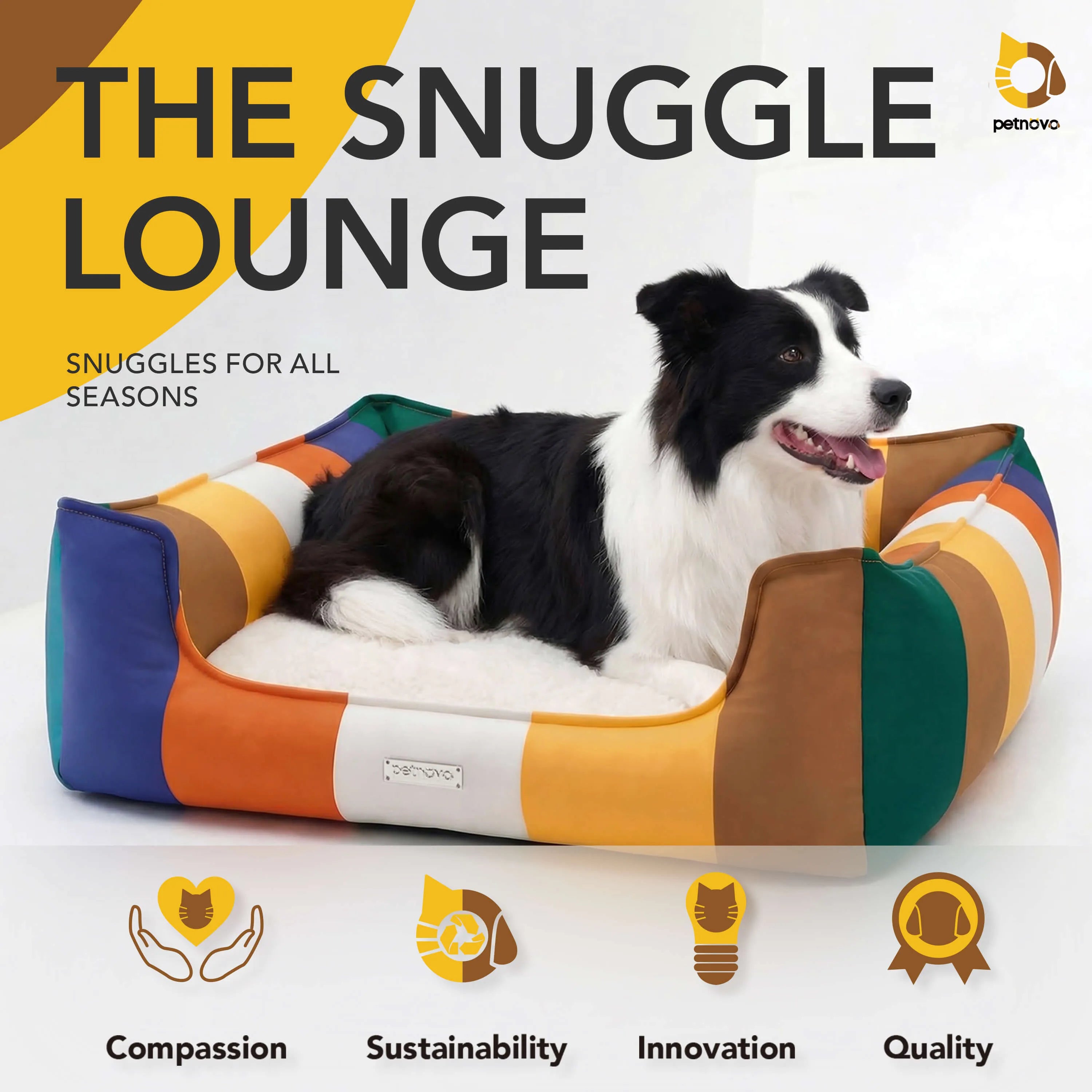 Rainbow Bolster Dog Bed for Medium Dogs — Reversible Cushion, Breathable, Removable Washable Cover