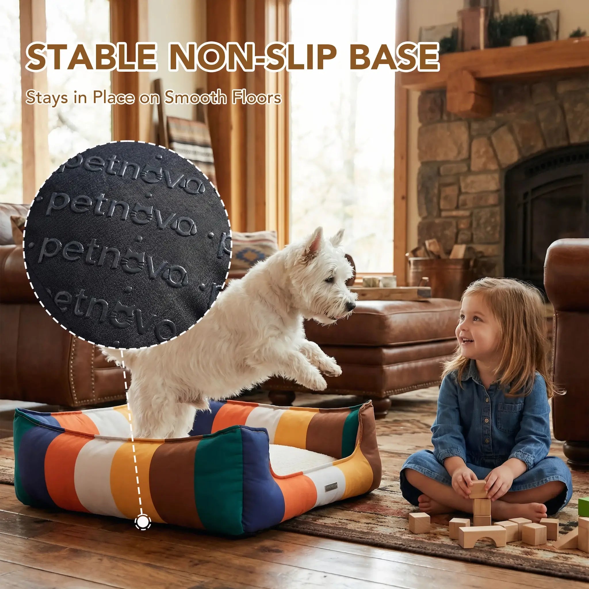Rainbow Bolster Dog Bed for Medium Dogs — Reversible Cushion, Breathable, Removable Washable Cover